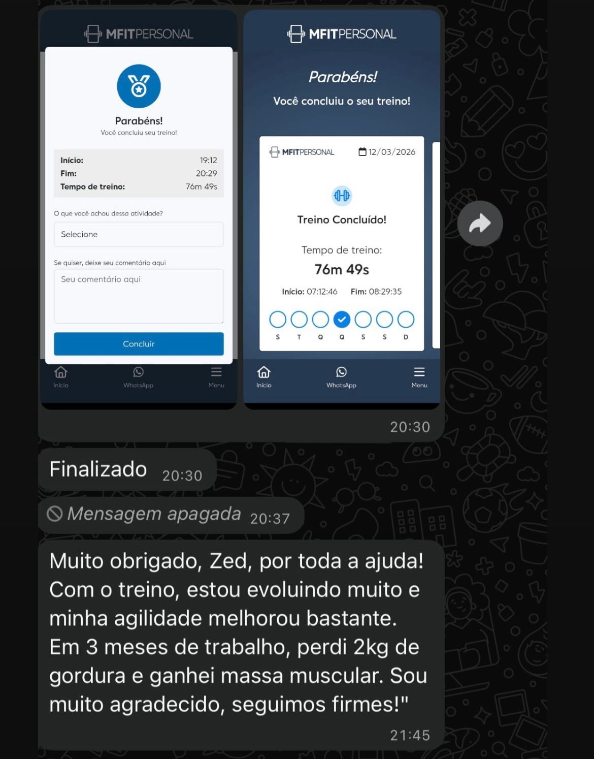 Depoimento real de aluno no WhatsApp